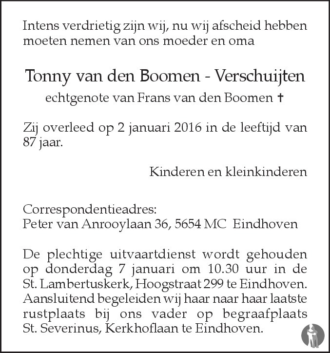 Tonny van den Boomen - Verschuijten 02-01-2016 overlijdensbericht en ...