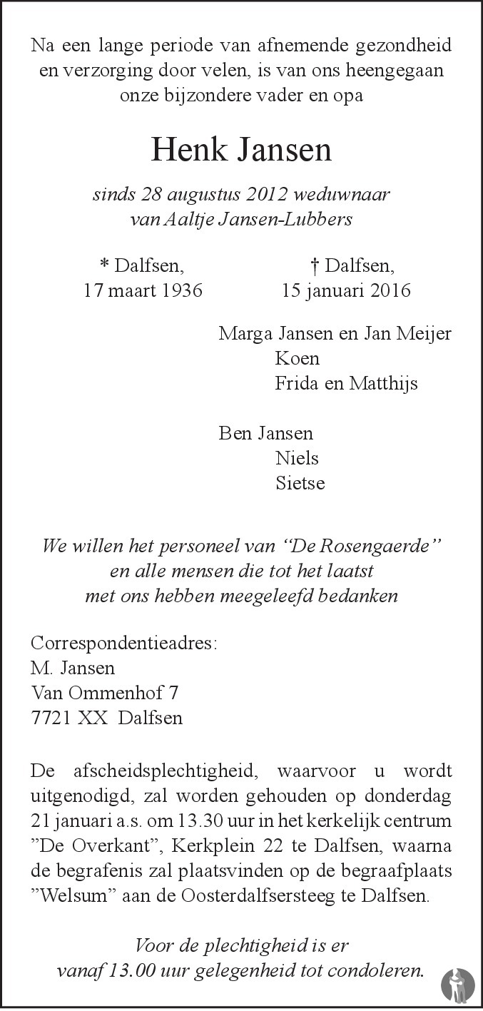 Henk Jansen 15-01-2016 overlijdensbericht en condoleances - Mensenlinq.nl