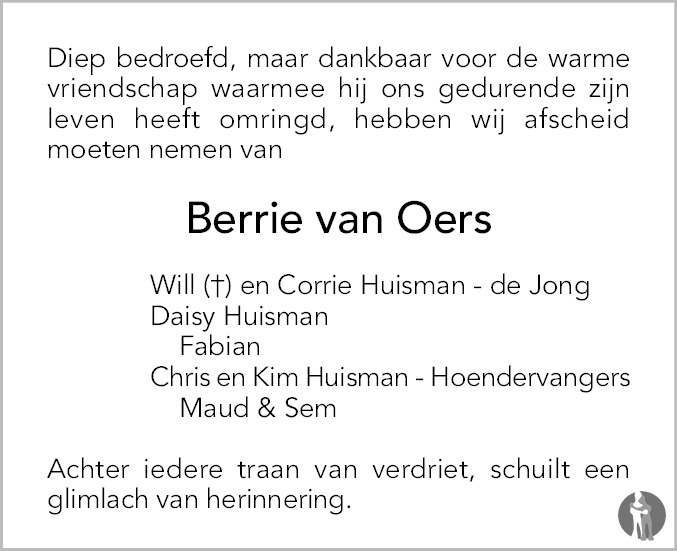 Overlijdensbericht van Berrie van Oers in Brabants Dagblad