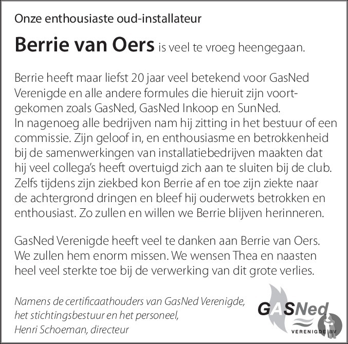 Overlijdensbericht van Berrie van Oers in Brabants Dagblad