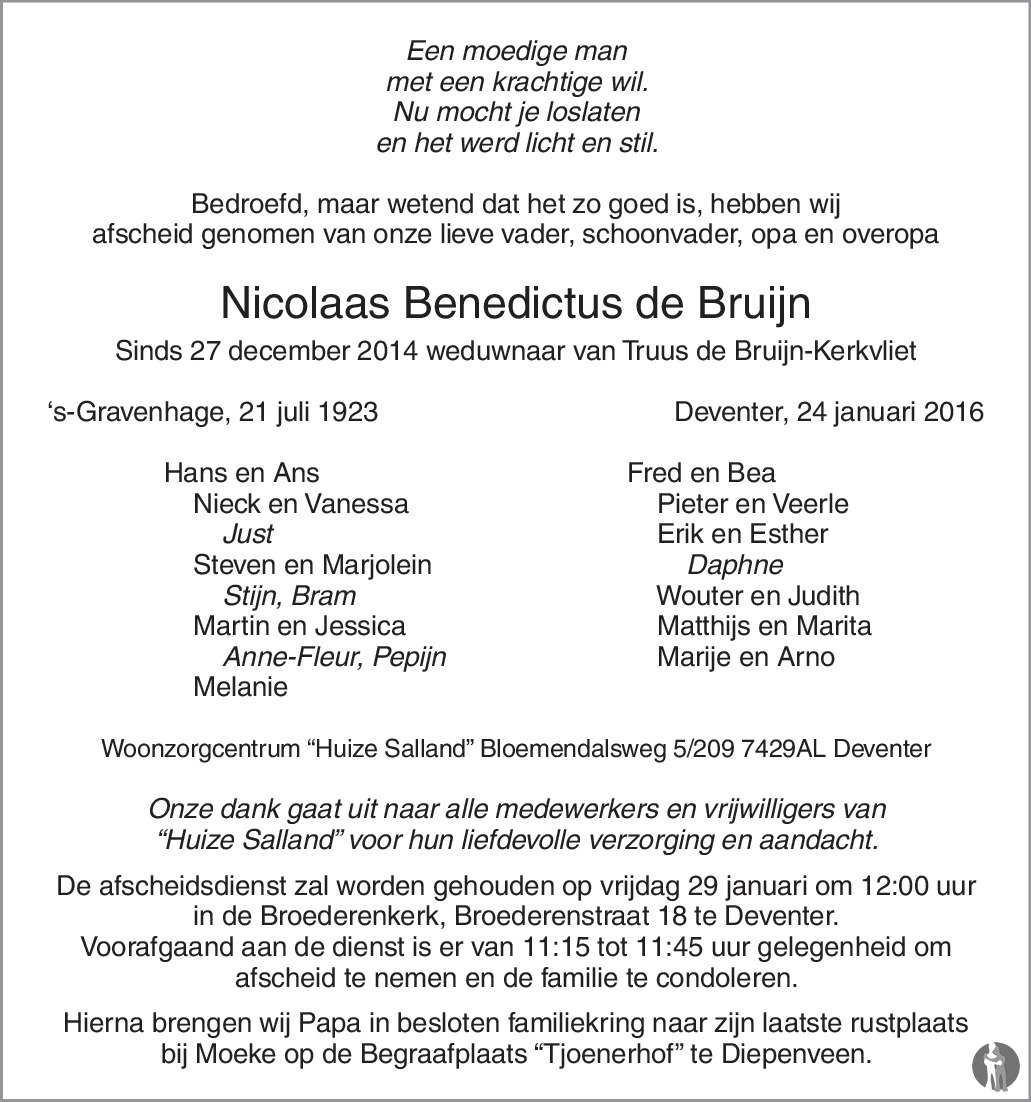 Nicolaas Benedictus de Bruijn 24012016 overlijdensbericht en