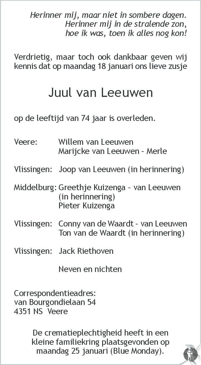 Juul van Leeuwen 18-01-2016 overlijdensbericht en condoleances ...