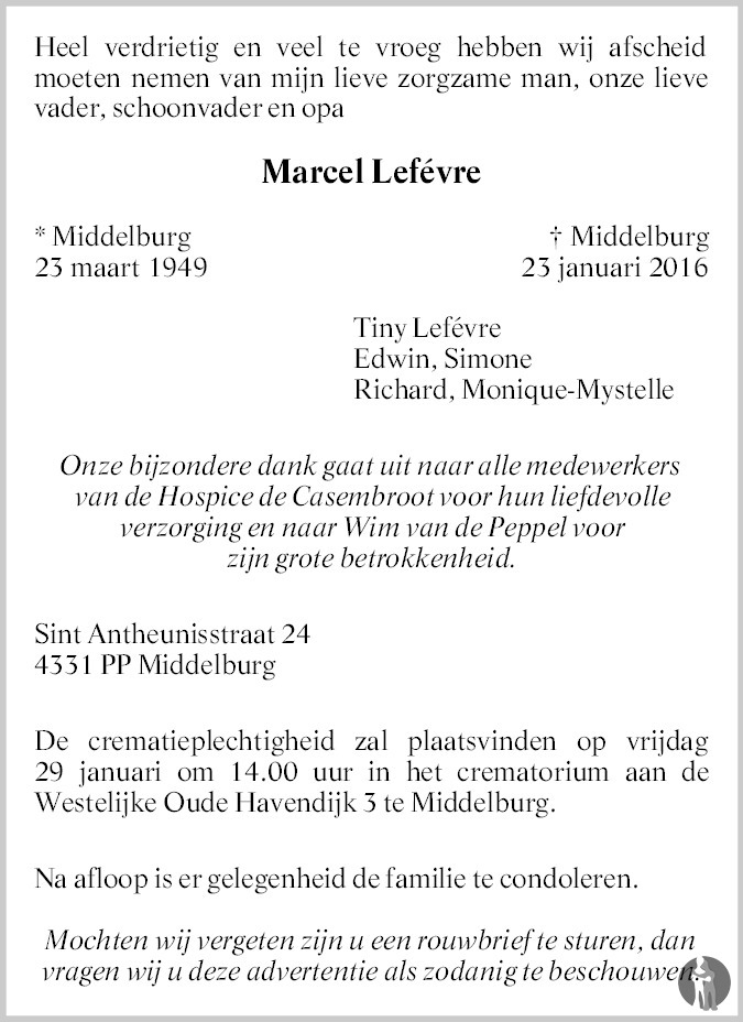 Marcel Lefévre 23012016 overlijdensbericht en condoleances