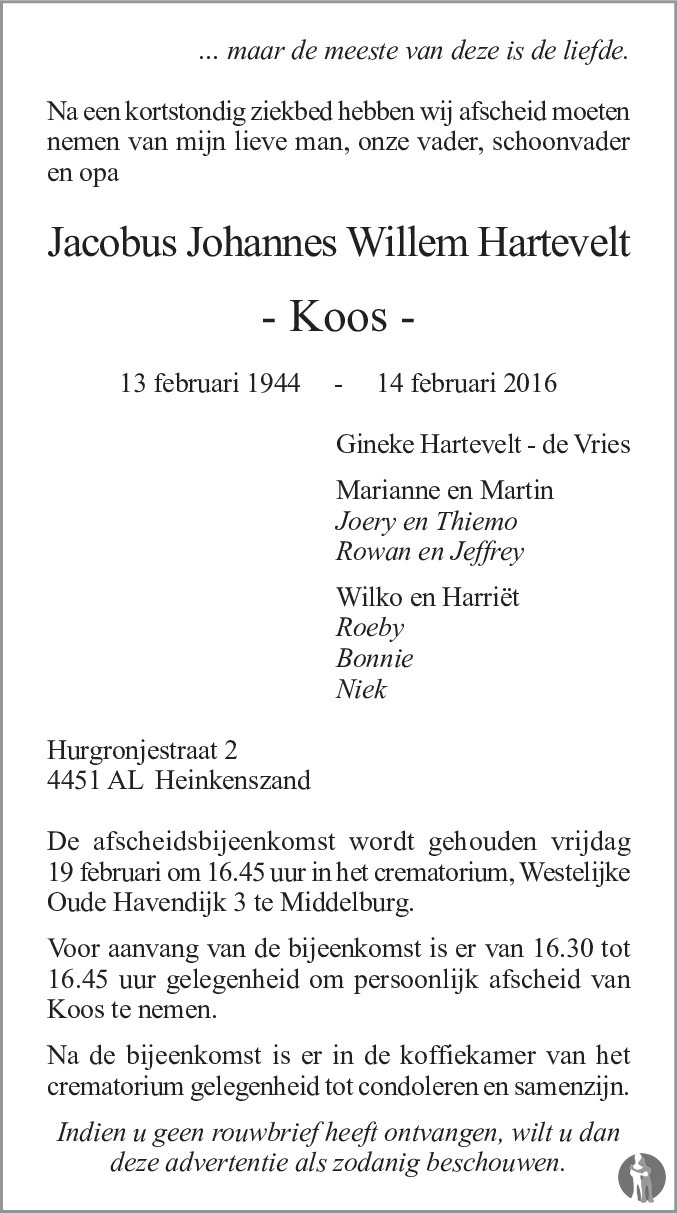 Overlijdensbericht van Jacobus Johannes Willem (Koos) Hartevelt in PZC Provinciale Zeeuwse Courant