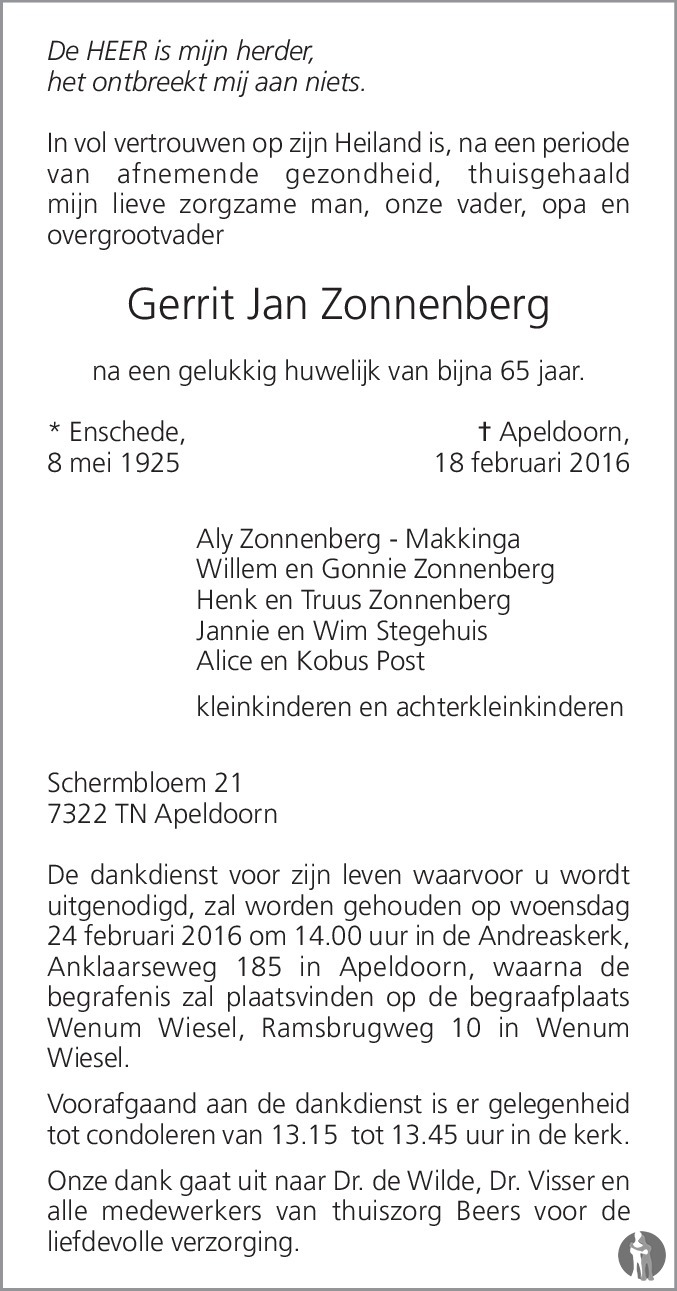 Gerrit Jan Zonnenberg 18-02-2016 overlijdensbericht en condoleances ...