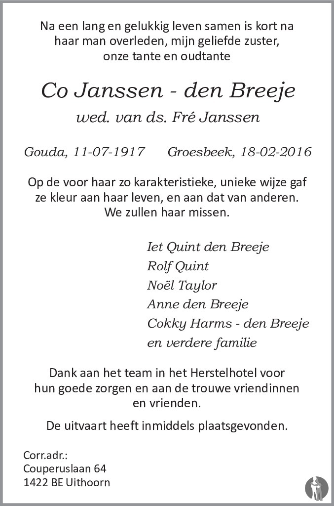 Overlijdensbericht van Co Janssen - den Breeje in de Gelderlander
