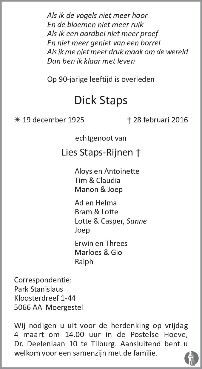 Overlijdensbericht van Dick  Staps in Brabants Dagblad