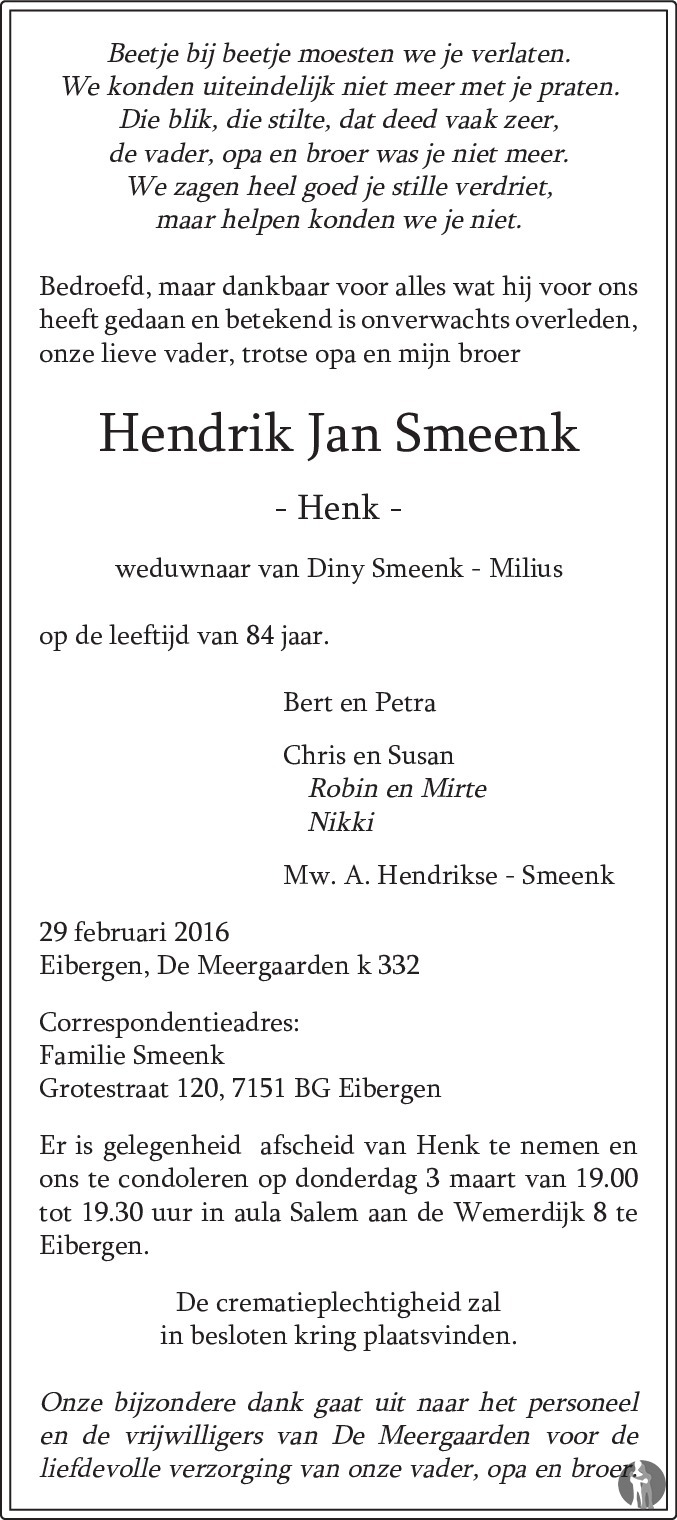 Hendrik Jan (Henk) Smeenk 29-02-2016 overlijdensbericht en condoleances ...