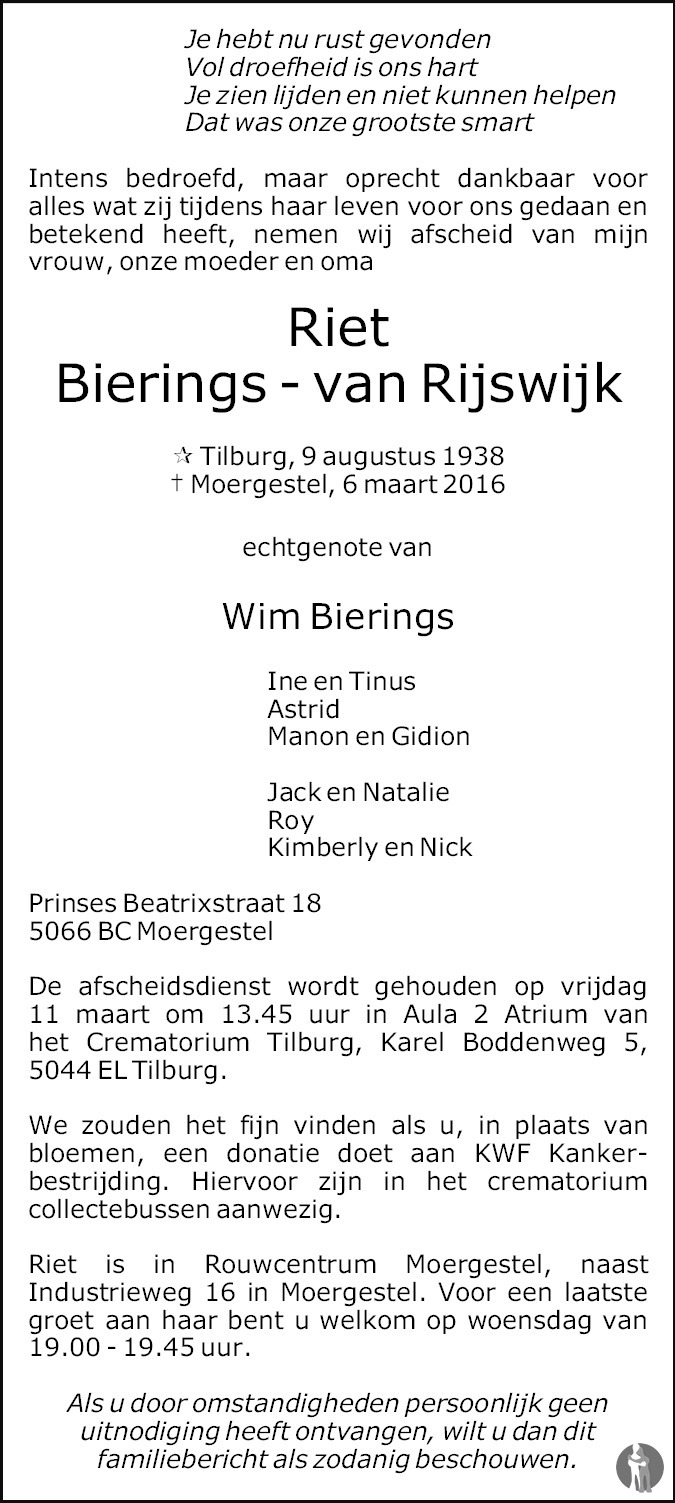 Overlijdensbericht van Riet Bierings - van Rijswijk in Brabants Dagblad