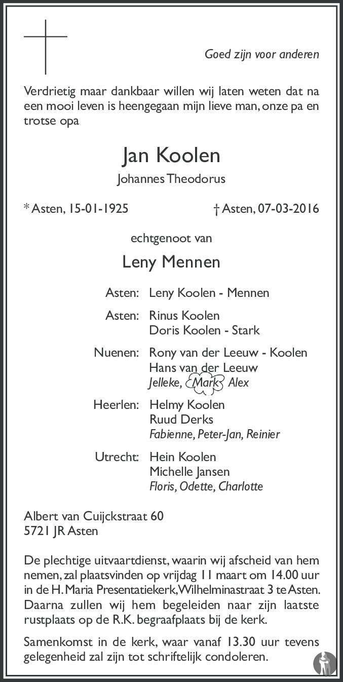 Johannes Theodorus (Jan) Koolen 07032016 overlijdensbericht en