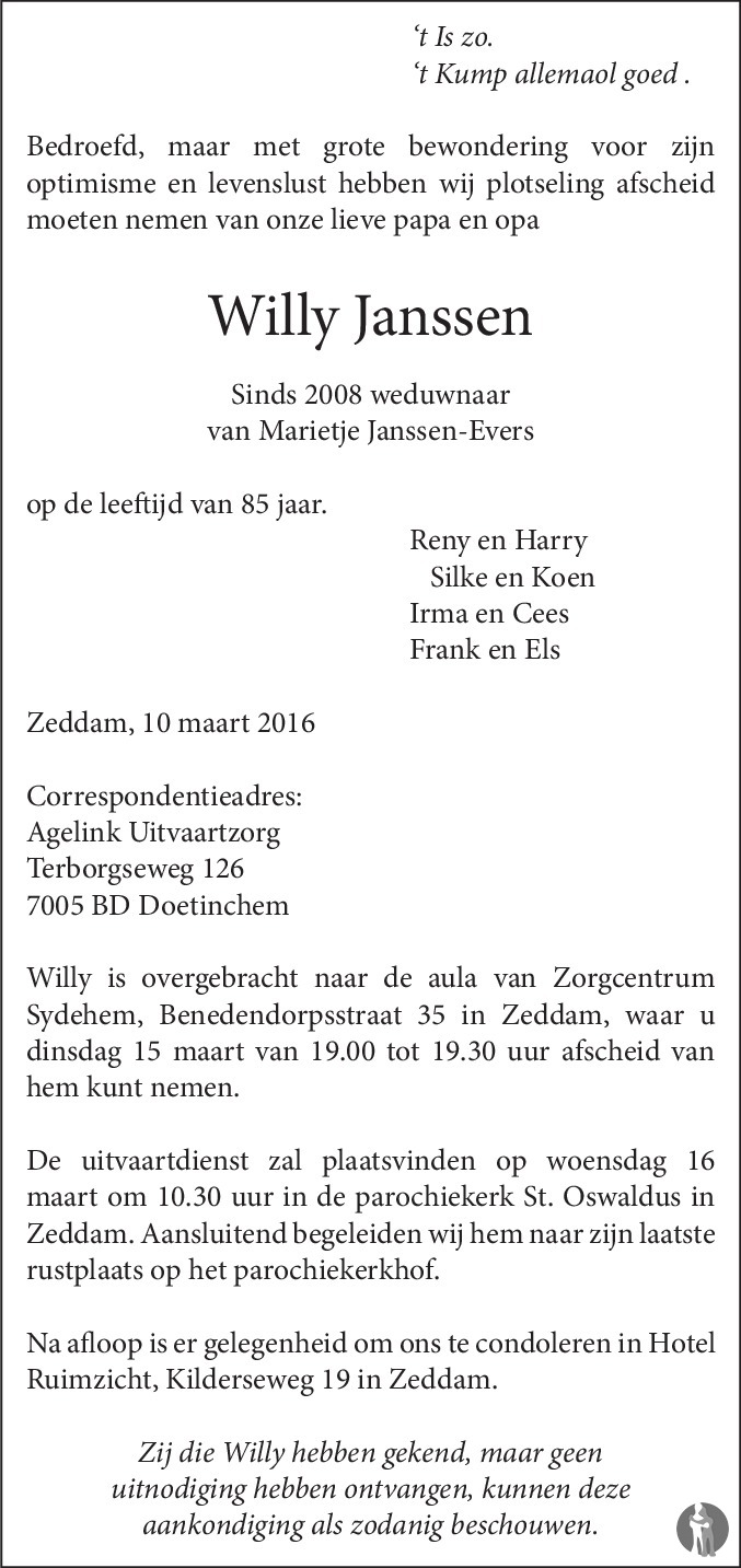 Willy Janssen 10-03-2016 overlijdensbericht en condoleances - Mensenlinq.nl