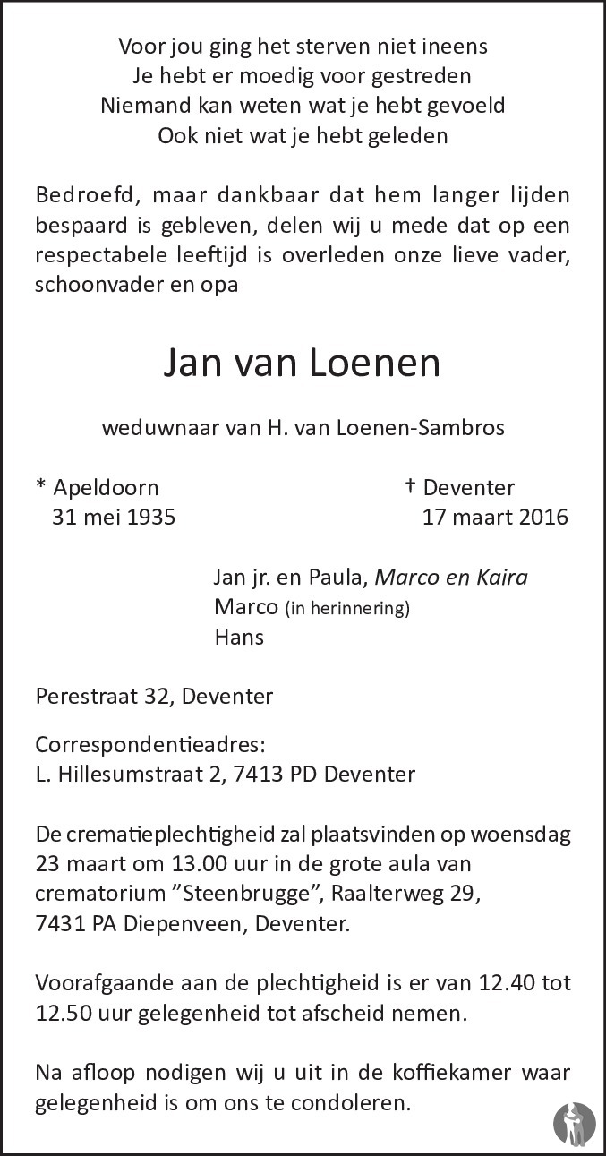 Jan van Loenen 17-03-2016 overlijdensbericht en condoleances ...