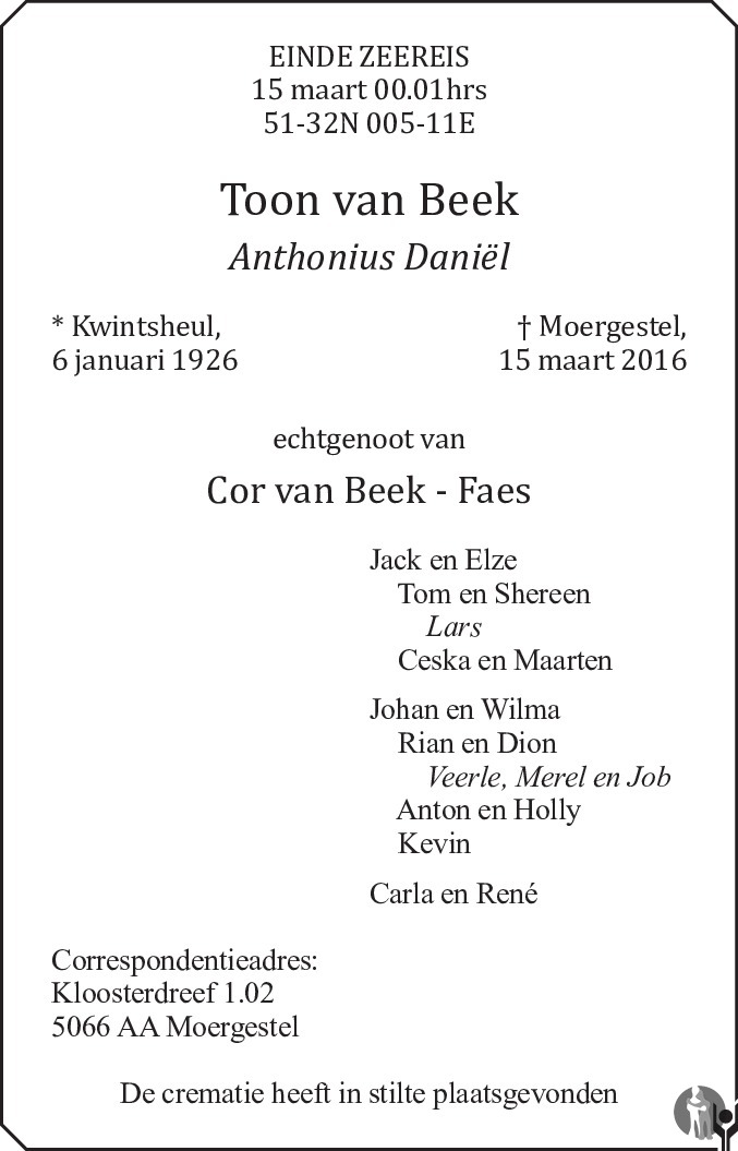 Overlijdensbericht van Antonius Daniël (Toon) van Beek in Brabants Dagblad