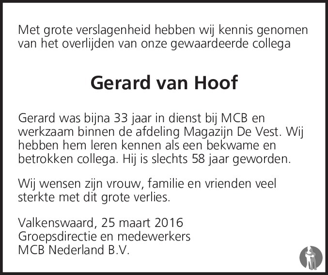 Gerard van Hoof 25-03-2016 overlijdensbericht en condoleances ...