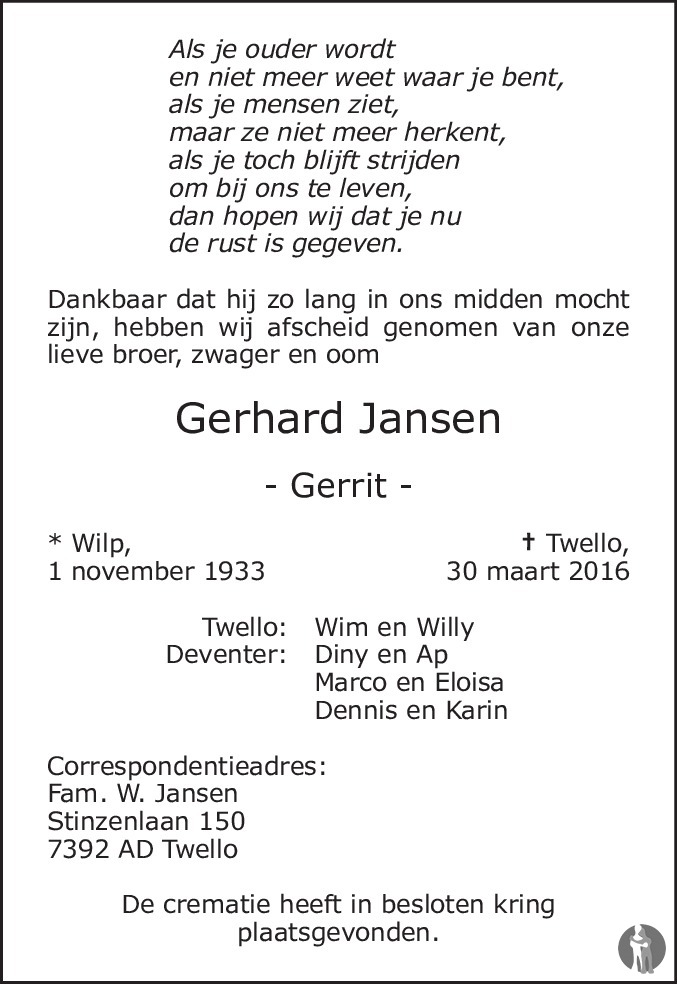 Gerhard (gerrit) Jansen 30-03-2016 Overlijdensbericht En Condoleances 