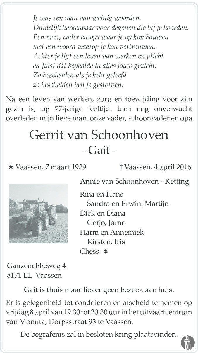 Gerrit (gait) Van Schoonhoven 04-04-2016 Overlijdensbericht En 