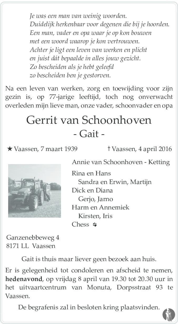 Gerrit (Gait) van Schoonhoven 04-04-2016 overlijdensbericht en ...