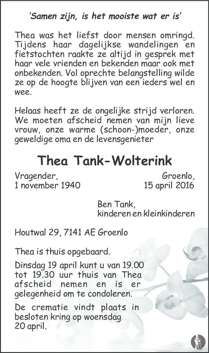 Thea Tank Wolterink 15 04 2016 Overlijdensbericht En Condoleances Mensenlinq Nl