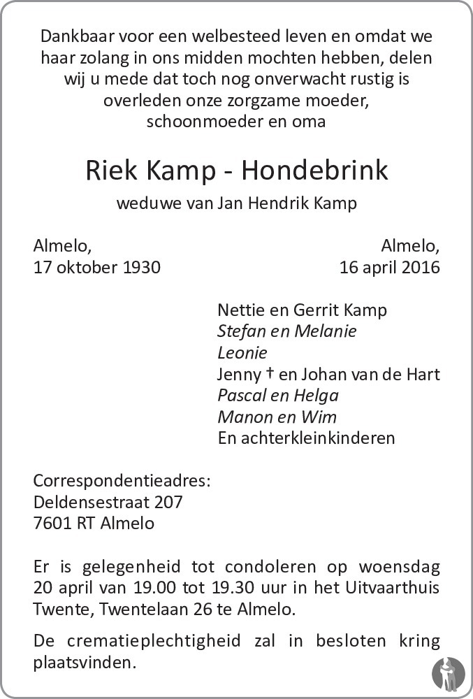 Riek Kamp - Hondebrink 16-04-2016 overlijdensbericht en condoleances ...