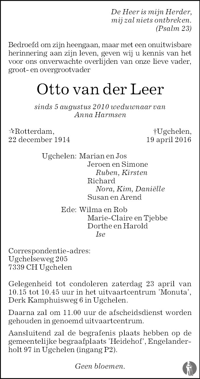 Otto van der Leer 19042016 overlijdensbericht en condoleances Mensenlinq.nl