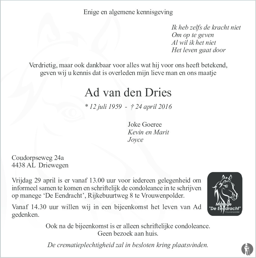 Ad van den Dries 24-04-2016 overlijdensbericht en condoleances ...