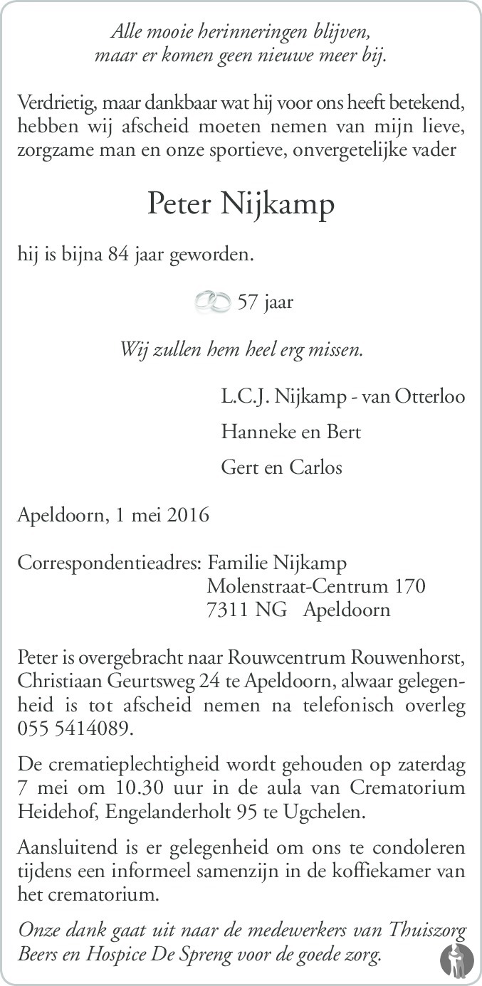 Peter Nijkamp 01052016 overlijdensbericht en condoleances Mensenlinq.nl
