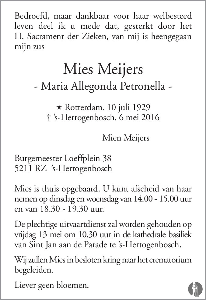 Maria Allegonda Petronella (Mies) Meijers 06052016 overlijdensbericht en condoleances