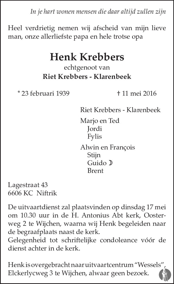 Overlijdensbericht van Henk Krebbers in de Gelderlander