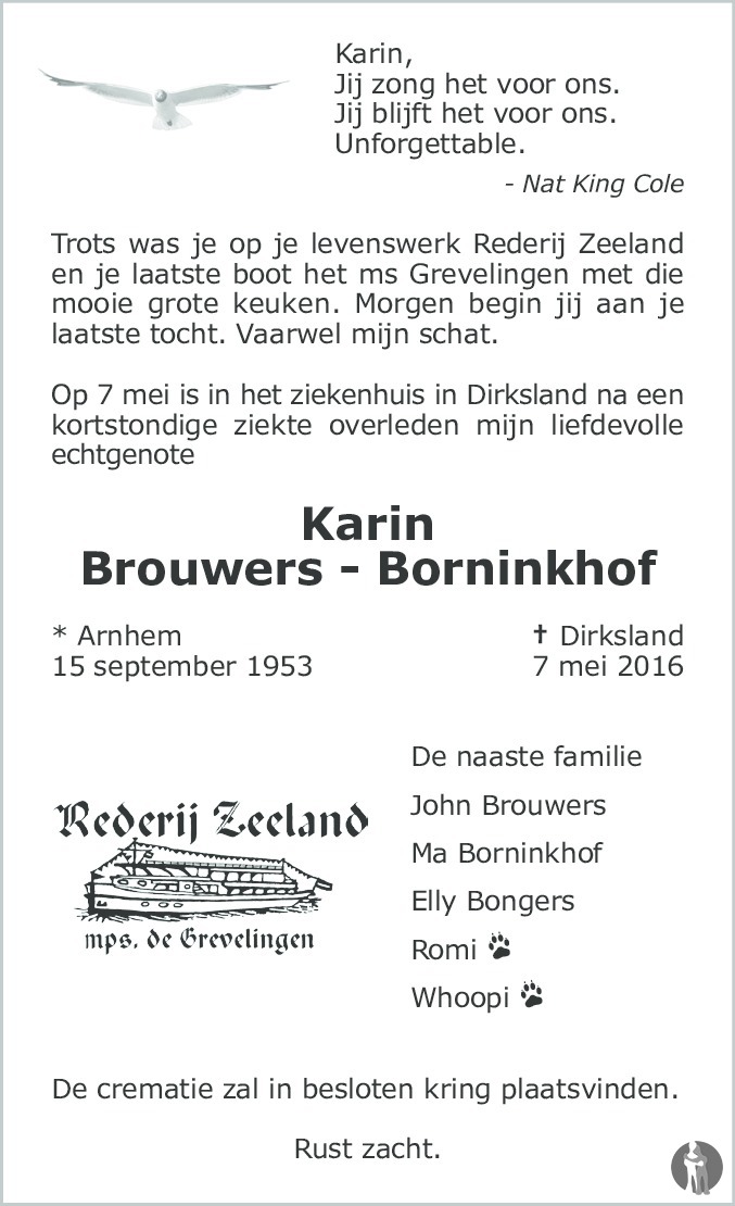 Karin Brouwers Borninkhof 07052016 overlijdensbericht en