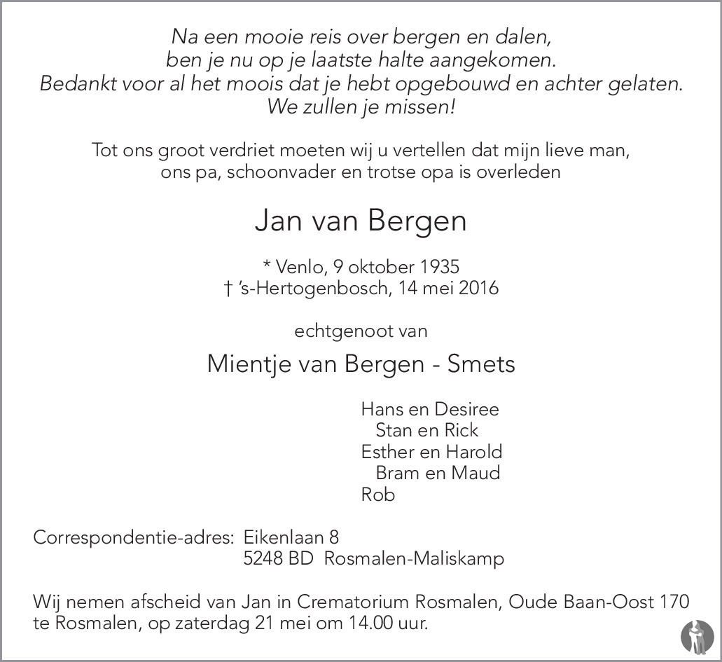 Jan van Bergen 14-05-2016 overlijdensbericht en condoleances ...