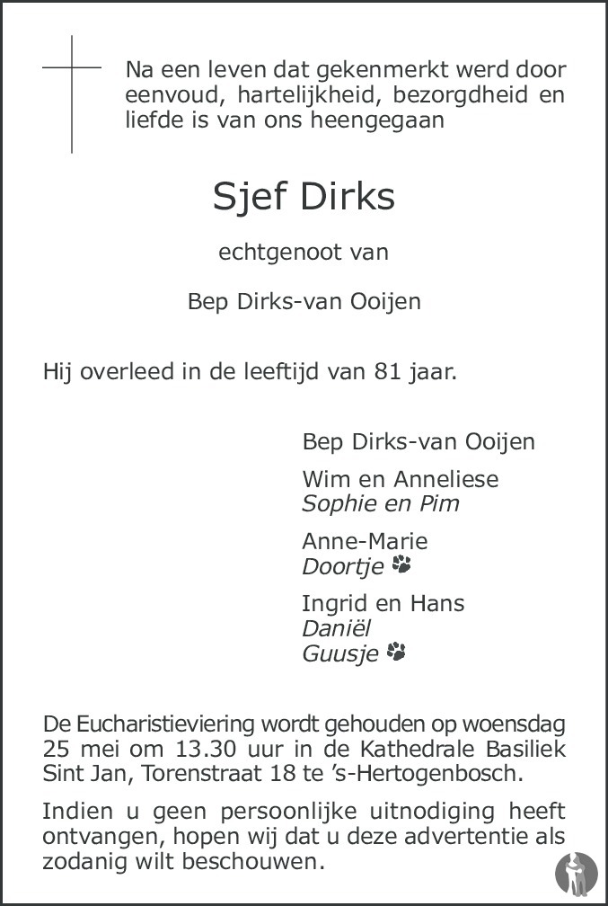 Sjef Dirks 18-05-2016 overlijdensbericht en condoleances - Mensenlinq.nl