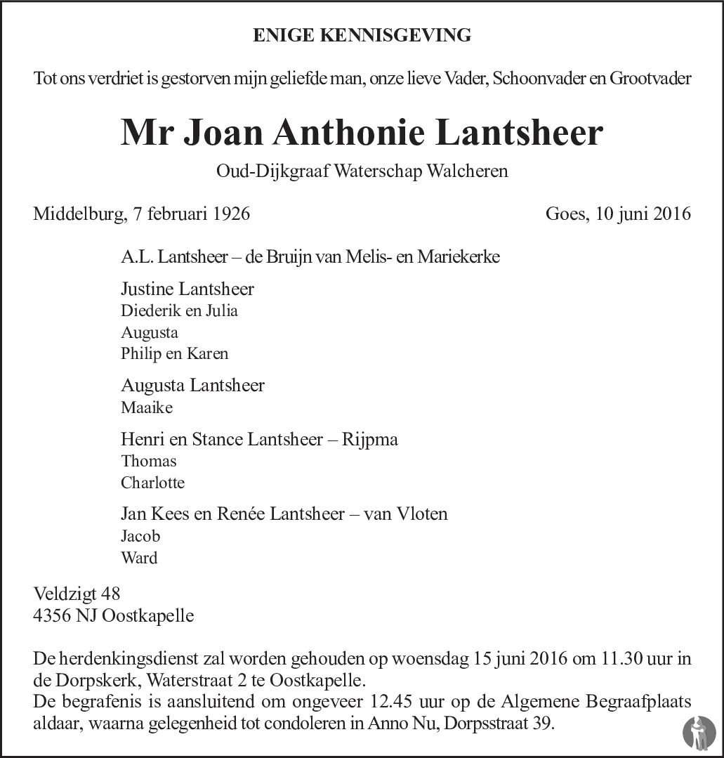 Overlijdensbericht van Mr. Joan Anthonie Lantsheer in PZC Provinciale Zeeuwse Courant