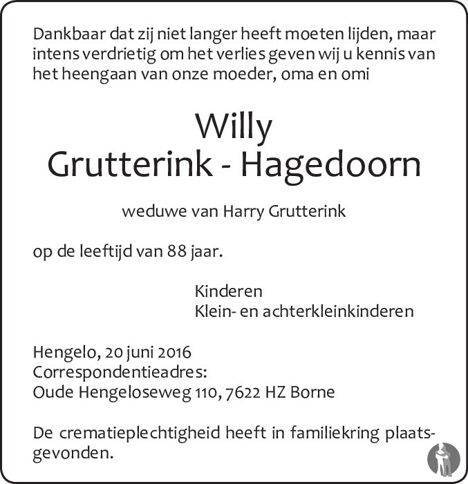 Willy Grutterink - Hagedoorn 20-06-2016 overlijdensbericht en ...