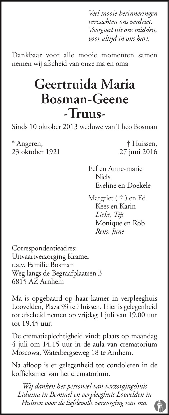 Overlijdensbericht van Geertruida Maria (Truus) Bosman - Geene in de Gelderlander