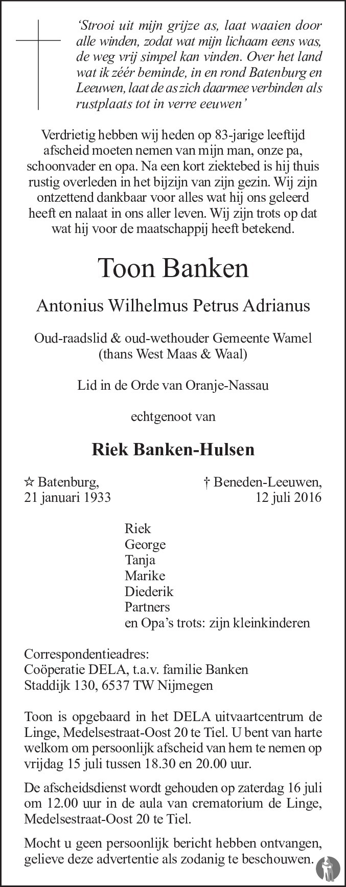 Overlijdensbericht van Antonius Wilhelmus Petrus Adrianus (Toon)  Banken in de Gelderlander