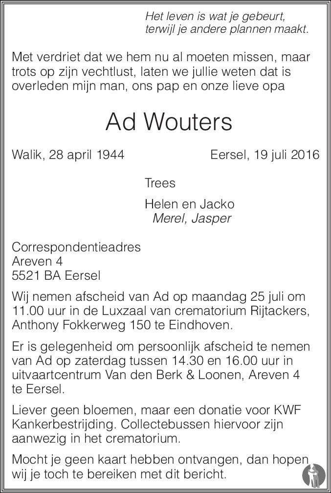 Ad Wouters 19-07-2016 overlijdensbericht en condoleances - Mensenlinq.nl