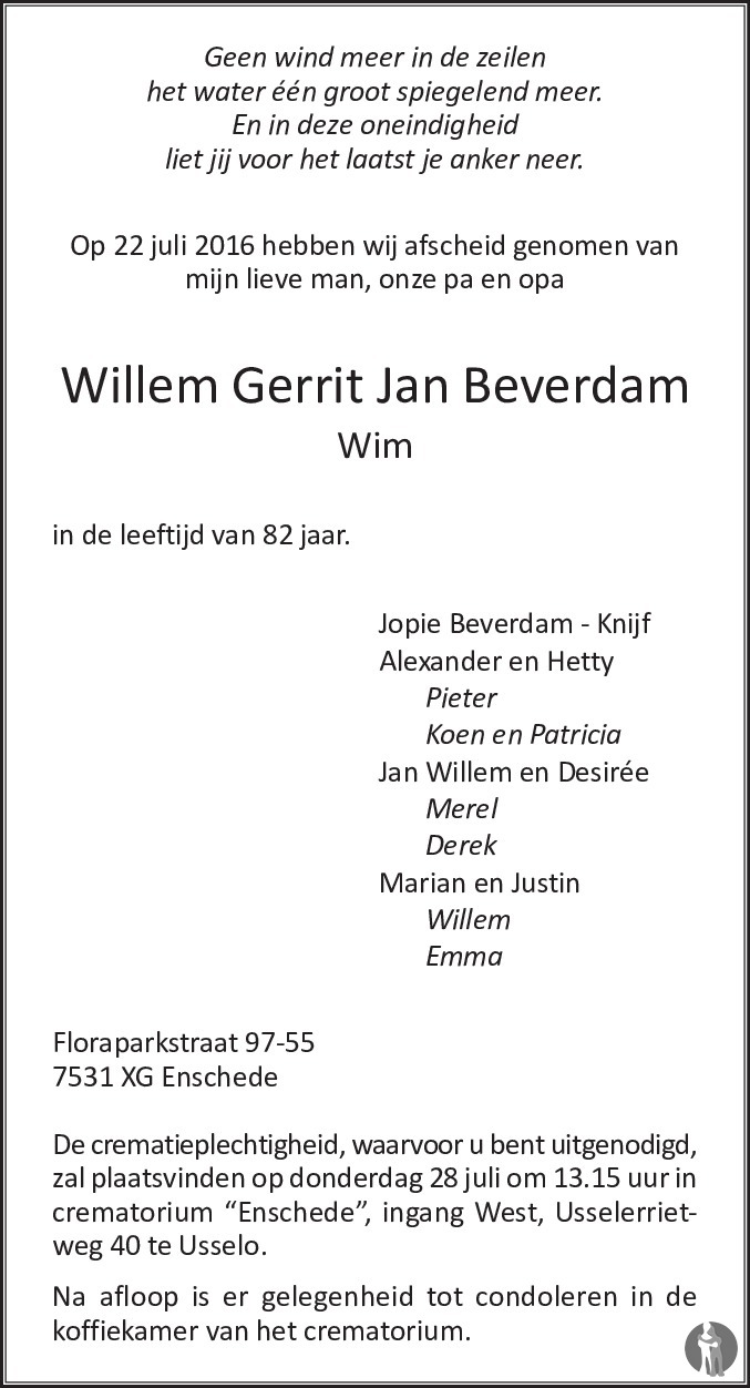 Willem Gerrit Jan (Wim) Beverdam 22-07-2016 overlijdensbericht en ...