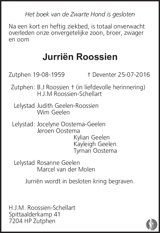 Overlijdensbericht van Jurriën Roossien  in de Stentor