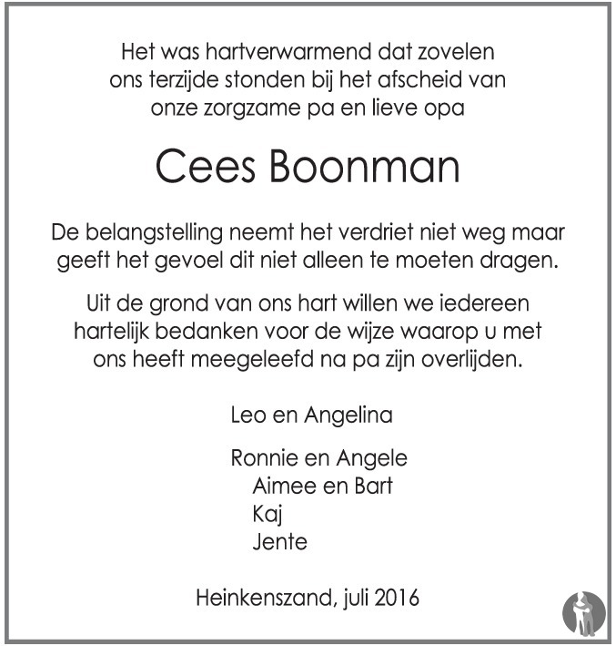 Overlijdensbericht van Cees Boonman in PZC Provinciale Zeeuwse Courant