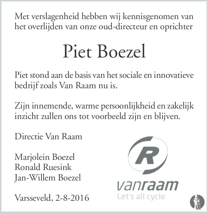Pieter Gerhard (Piet) Boezel 02082016 overlijdensbericht en