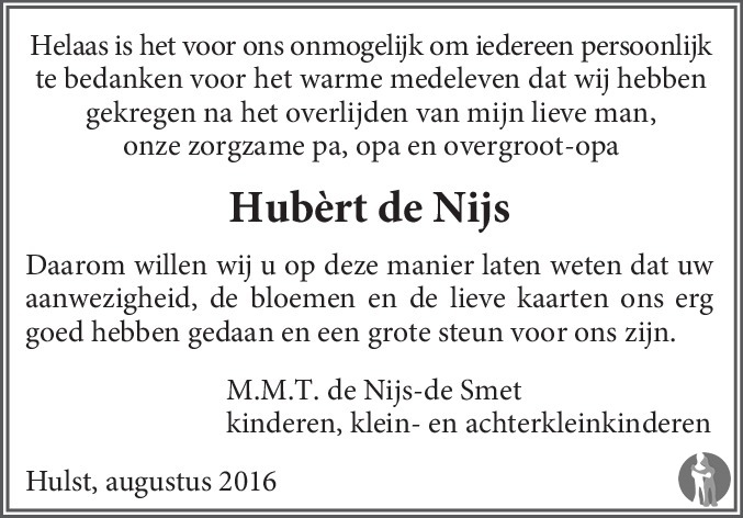 Hubèrt Petrus Josephus de Nijs 01-07-2016 overlijdensbericht en ...