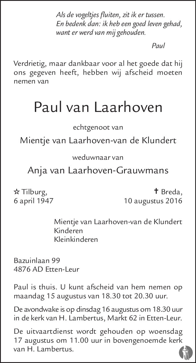 Paul van Laarhoven 10-08-2016 overlijdensbericht en condoleances ...