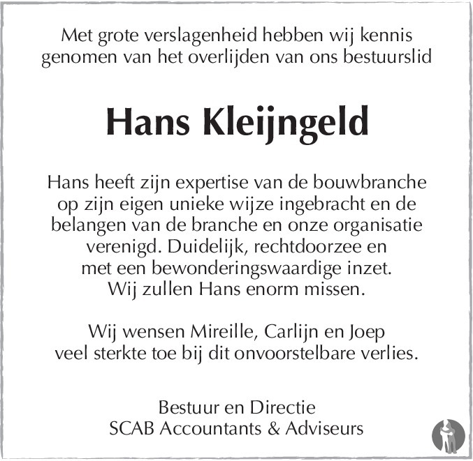 Hans Kleijngeld 16-08-2016 overlijdensbericht en condoleances ...