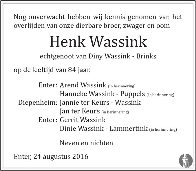 Hendrik Wassink 24082016 overlijdensbericht en condoleances