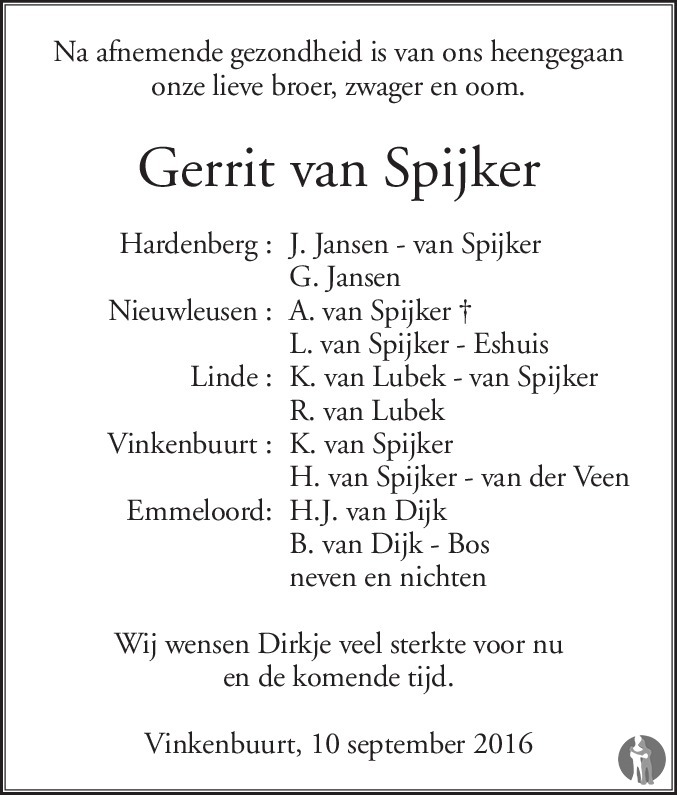 Overlijdensbericht van Gerrit van Spijker in de Stentor