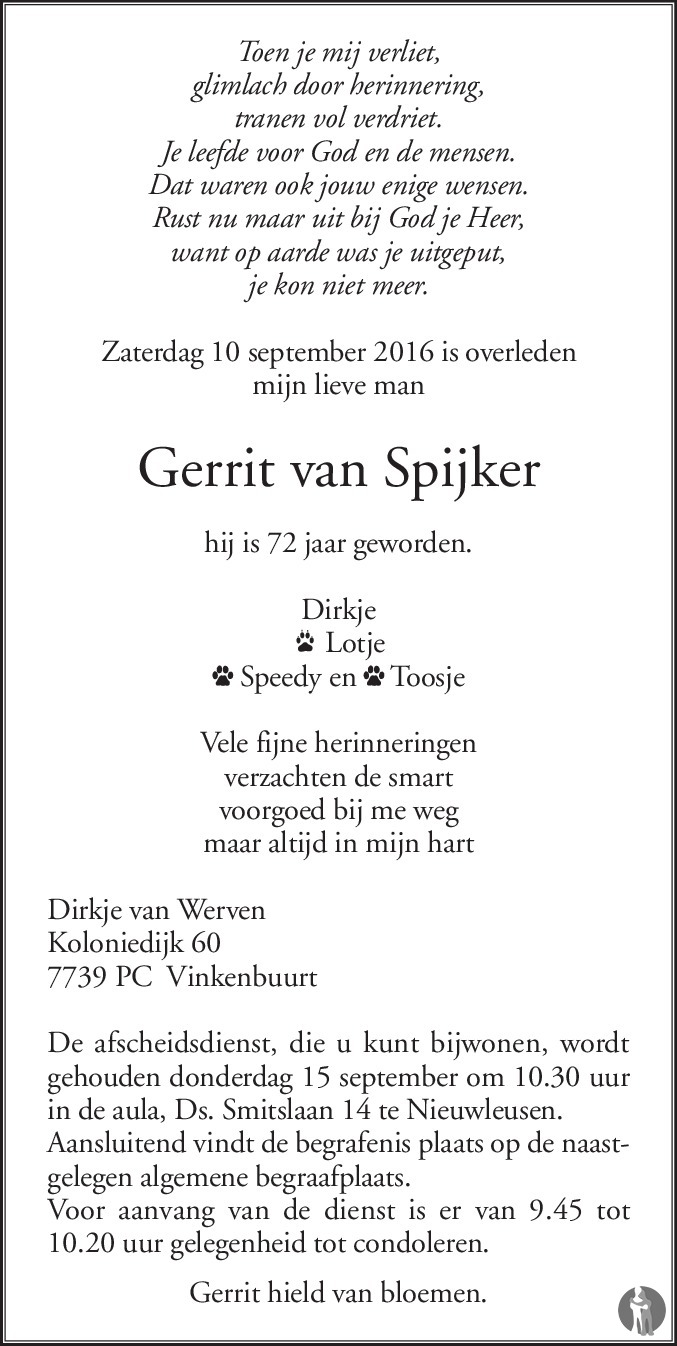 Overlijdensbericht van Gerrit van Spijker in de Stentor