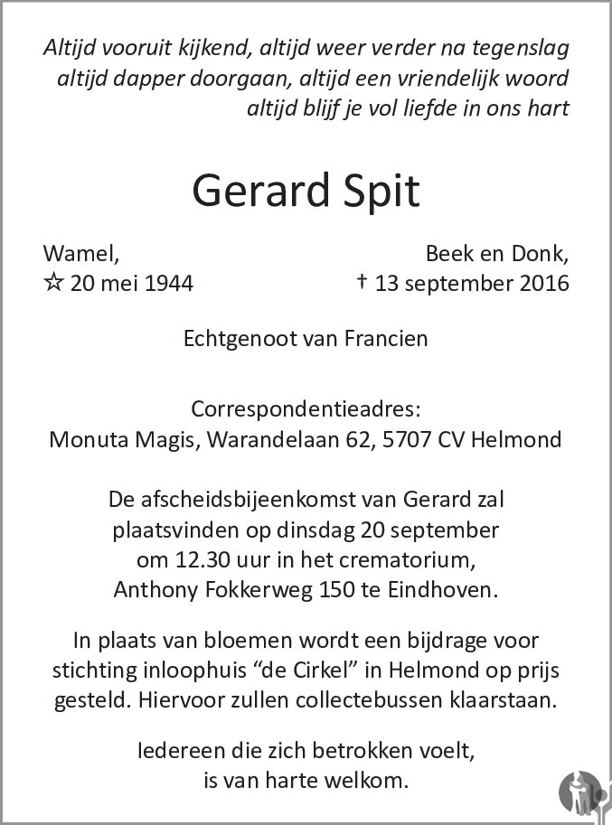 Gerard Spit 13092016 overlijdensbericht en condoleances