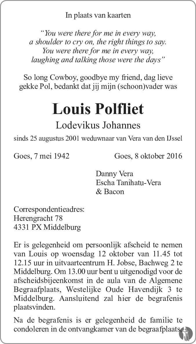 Lodevikus Johannes (Louis) Polfliet 08102016 overlijdensbericht en condoleances Mensenlinq.nl Lodevikus Johannes (Louis) Polfliet 08102016 overlijdensbericht en condoleances Mensenlinq.nl
