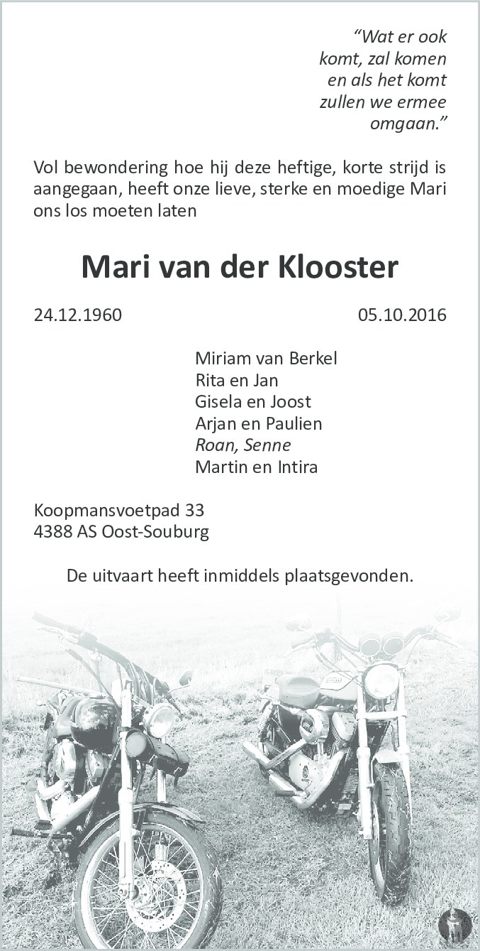 Mari van der Klooster 05-10-2016 overlijdensbericht en condoleances ...
