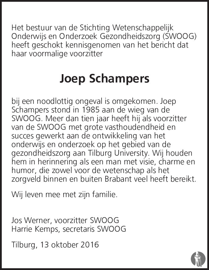 Overlijdensbericht van Joep  Schampers in Brabants Dagblad